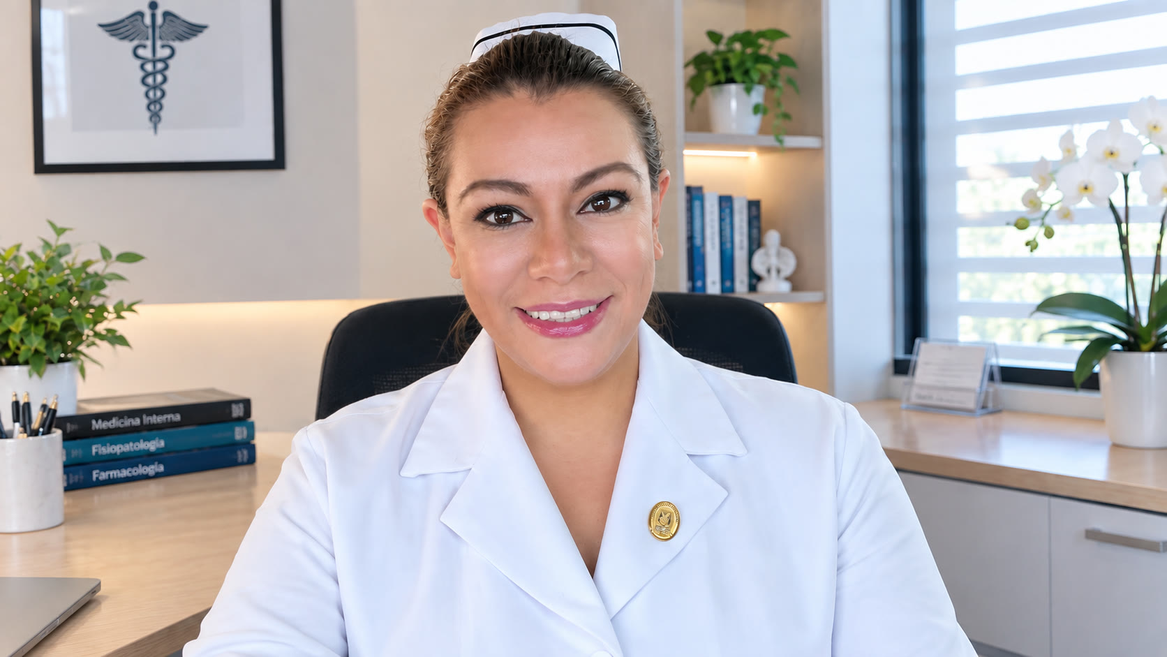 Licenciada en enfermería en su consultorio, lista para la atención a domicilio